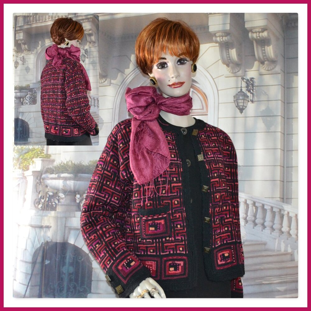 Icelandic Design Sz Large Jacket Sweater Cardigan Lined Various Reds wBlack Trim